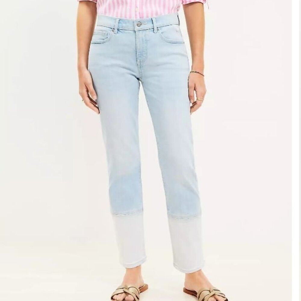 Loft Girlfriend Mid-Rise Curvy Fit Jeans in Patched Light Indigo Wash Size 29/8
